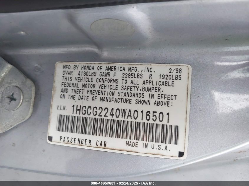 1998 Honda Accord Lx V6 VIN: 1HGCG2240WA016501 Lot: 41657637