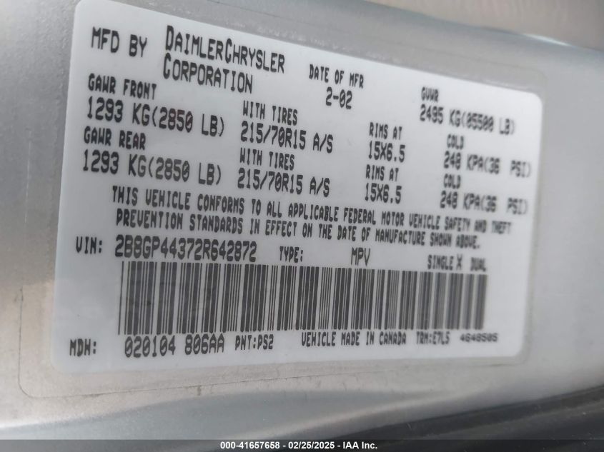 2002 Dodge Grand Caravan Sport VIN: 2B8GP44372R642872 Lot: 41657658