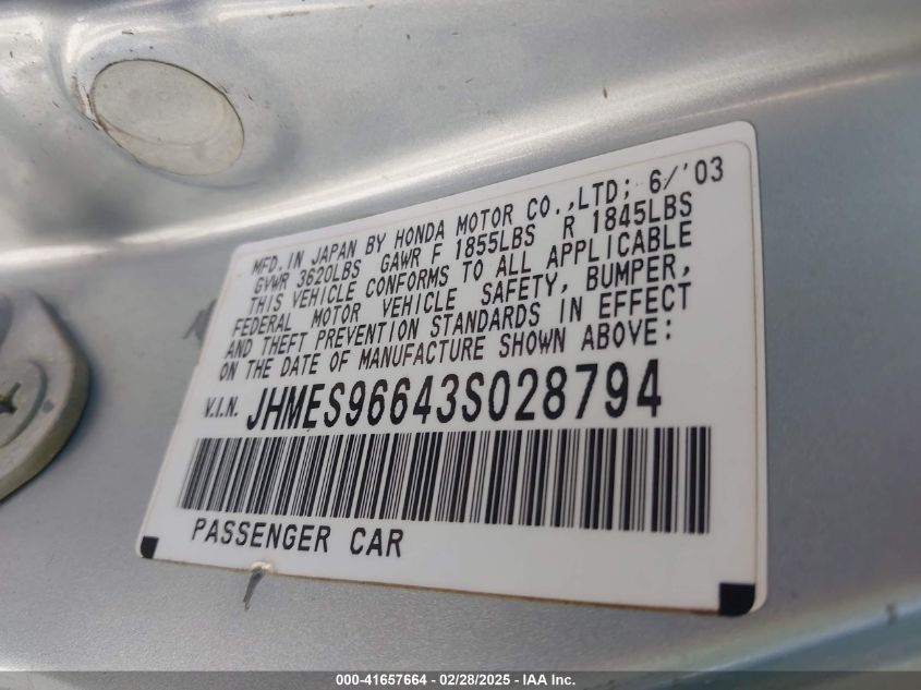 2003 Honda Civic Hybrid VIN: JHMES96643S028794 Lot: 41657664