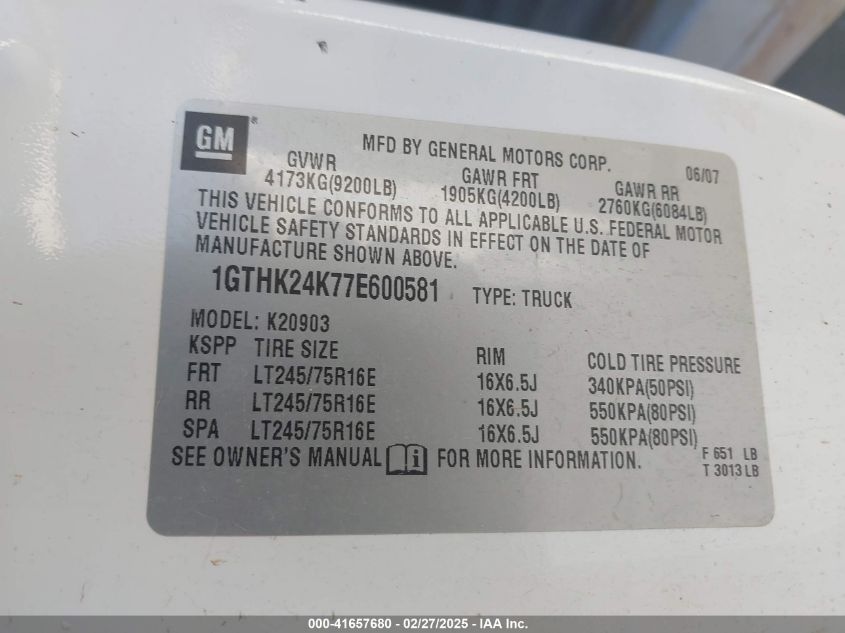 2007 GMC Sierra 2500Hd Work Truck VIN: 1GTHK24K77E600581 Lot: 41657680