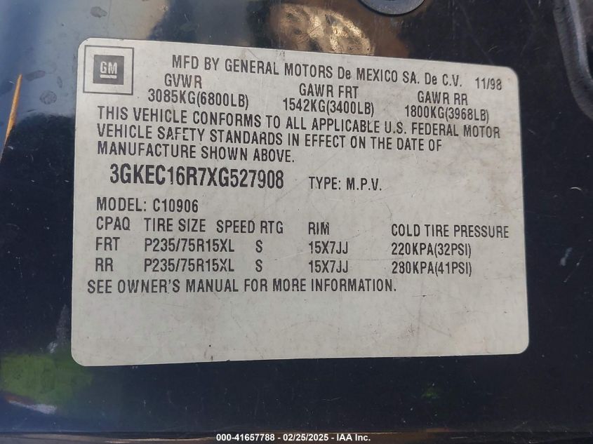 1999 GMC Suburban 1500 Slt Cmi VIN: 3GKEC16R7XG527908 Lot: 41657788