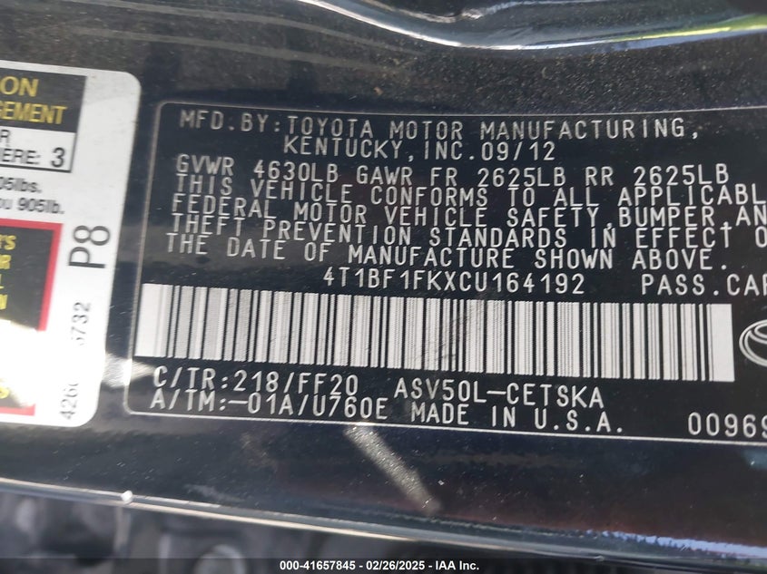 2012 TOYOTA CAMRY VIN: 4T1BF1FKXCU164192