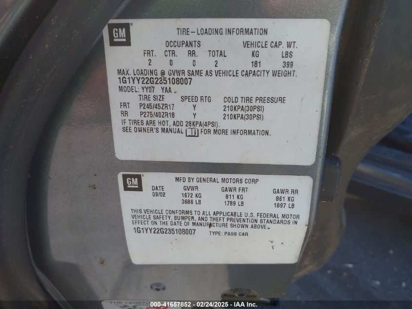2003 Chevrolet Corvette VIN: 1G1YY22G235108007 Lot: 41657852