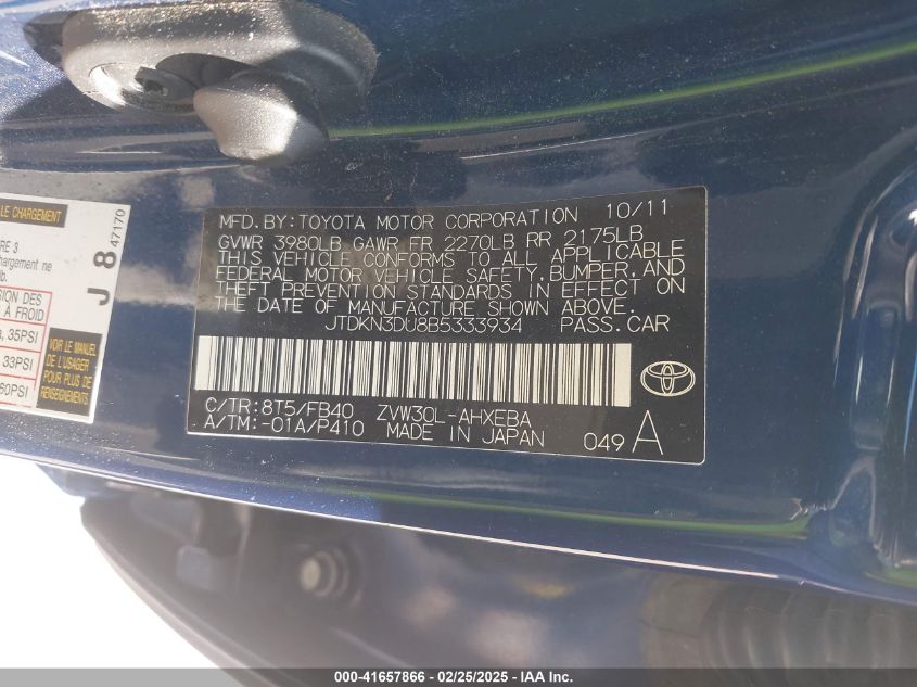 2011 Toyota Prius Three VIN: JTDKN3DU8B5333934 Lot: 41657866