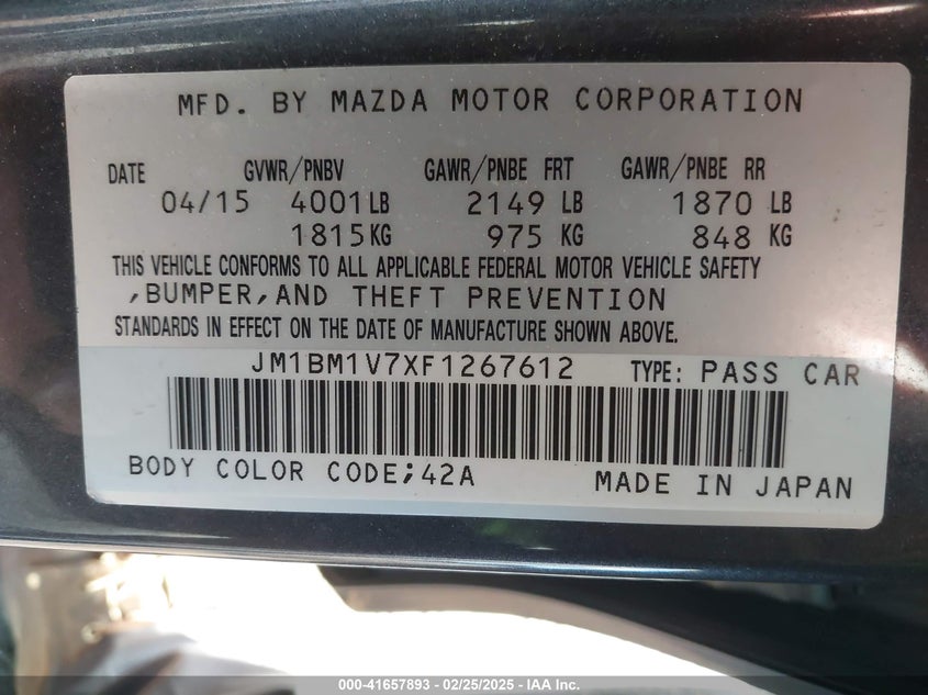 2015 MAZDA MAZDA3 VIN: JM1BM1V7XF1267612