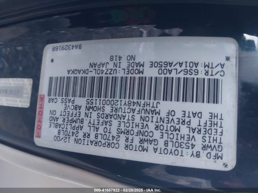 2002 Lexus Sc 430 VIN: JTHFN48Y120001155 Lot: 41657922