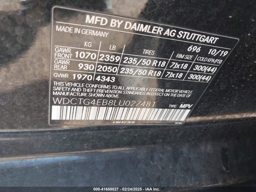 2020 Mercedes-Benz Gla 250 VIN: WDCTG4EB8LU027481 Lot: 41658027