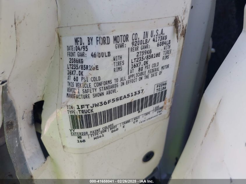 1995 Ford F350 VIN: 1FTJW36F5SEA51337 Lot: 41658041