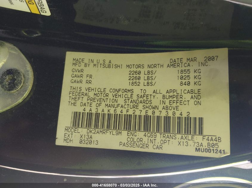 2007 Mitsubishi Eclipse Se VIN: 4A3AK64F27E073042 Lot: 41658070