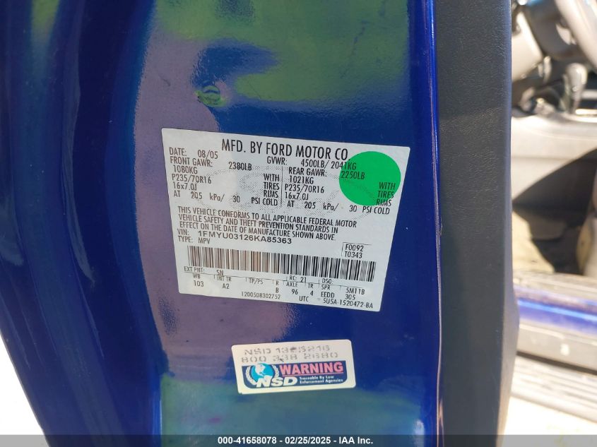 2006 Ford Escape Xlt/Xlt Sport VIN: 1FMYU03126KA85363 Lot: 41658078