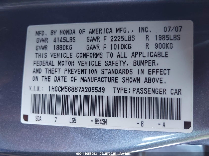 2007 HONDA ACCORD VIN: 1HGCM56887A205549
