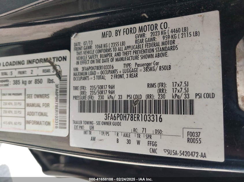 2014 FORD FUSION VIN: 3FA6P0H78ER103316