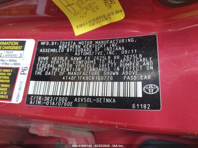 2012 TOYOTA CAMRY VIN: 4T4BF1FK8CR160776