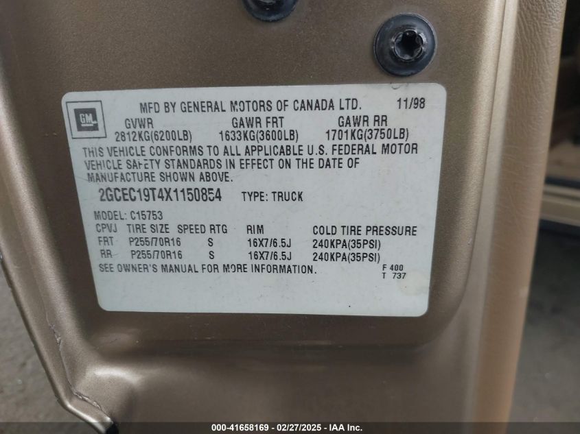 1999 Chevrolet Silverado 1500 Ls VIN: 2GCEC19T4X1150854 Lot: 41658169