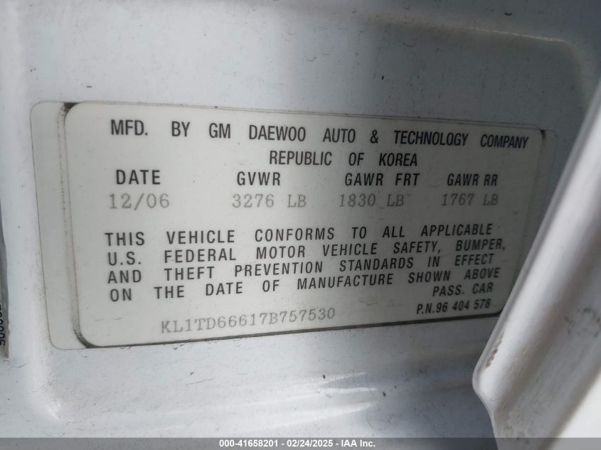 2007 Chevrolet Aveo 5 Special Value VIN: KL1TD66617B757530 Lot: 41658201