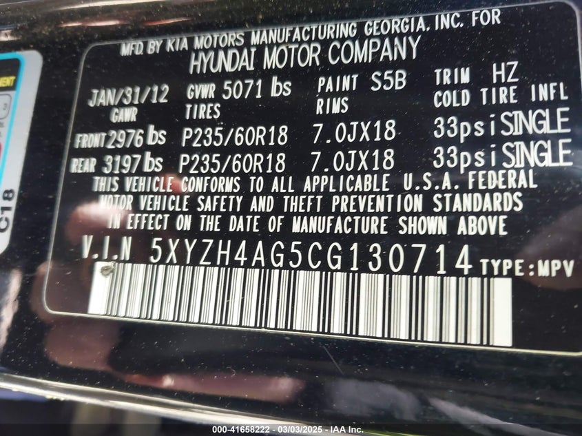 2012 HYUNDAI SANTA FE VIN: 5XYZH4AG5CG130714