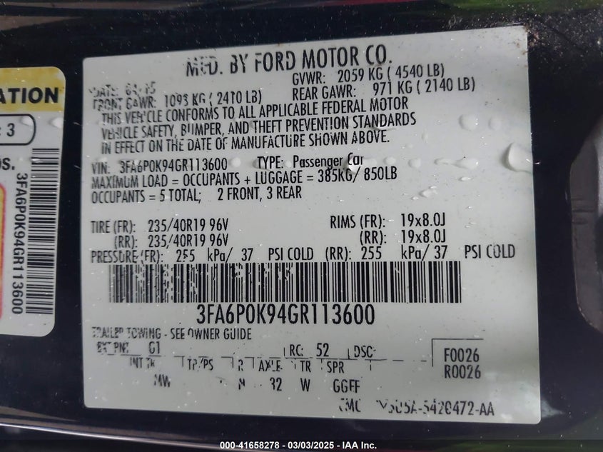 2016 FORD FUSION VIN: 3FA6P0K94GR113600