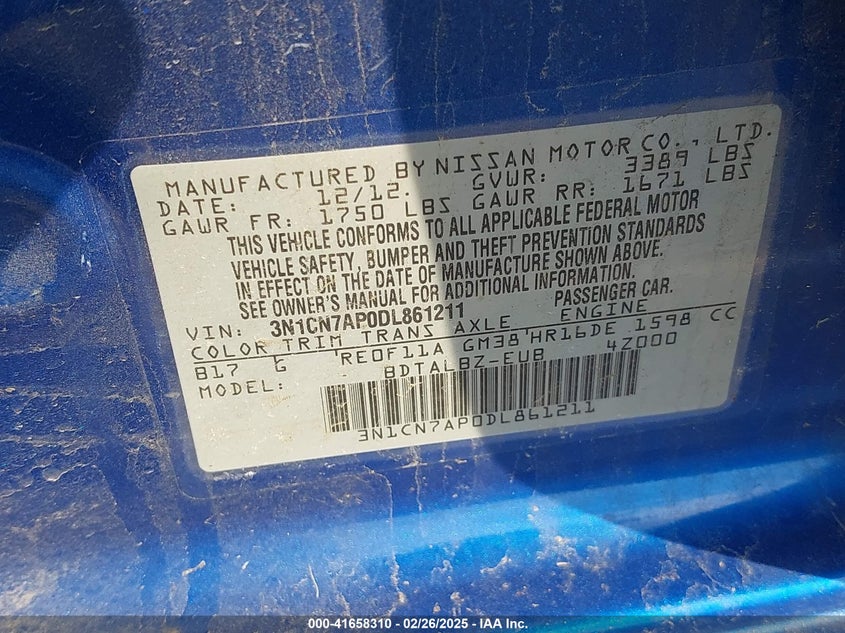2013 NISSAN VERSA VIN: 3N1CN7AP0DL861211
