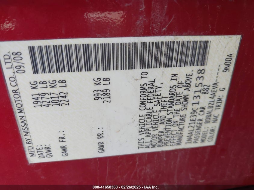 2009 NISSAN ALTIMA VIN: 1N4AL21E39C131538