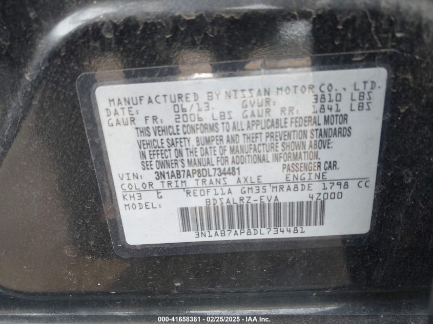 2013 Nissan Sentra Sr VIN: 3N1AB7AP8DL734481 Lot: 41658381