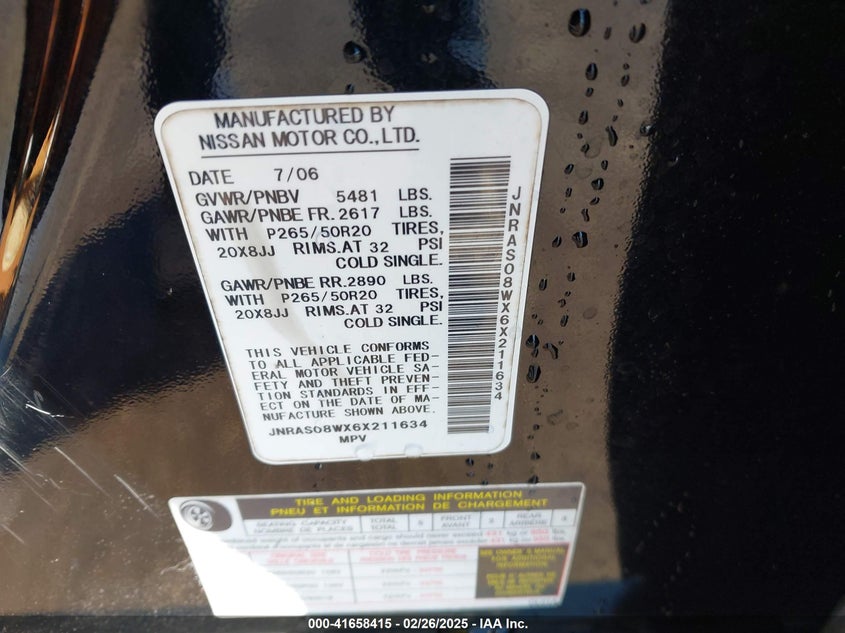 2006 INFINITI FX35 VIN: JNRAS08WX6X211634