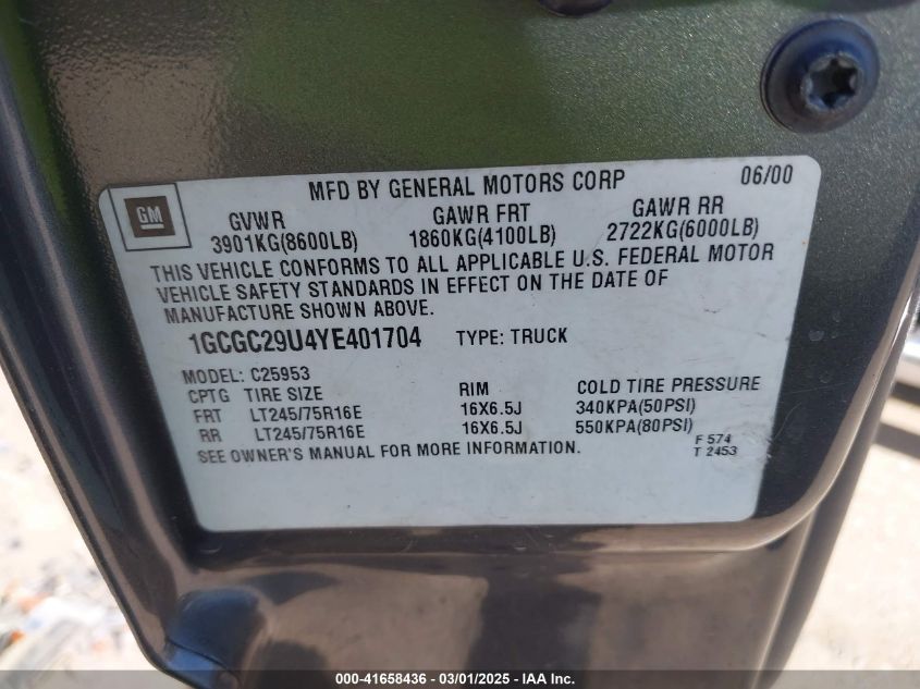 2000 Chevrolet Silverado 2500 Ls VIN: 1GCGC29U4YE401704 Lot: 41658436