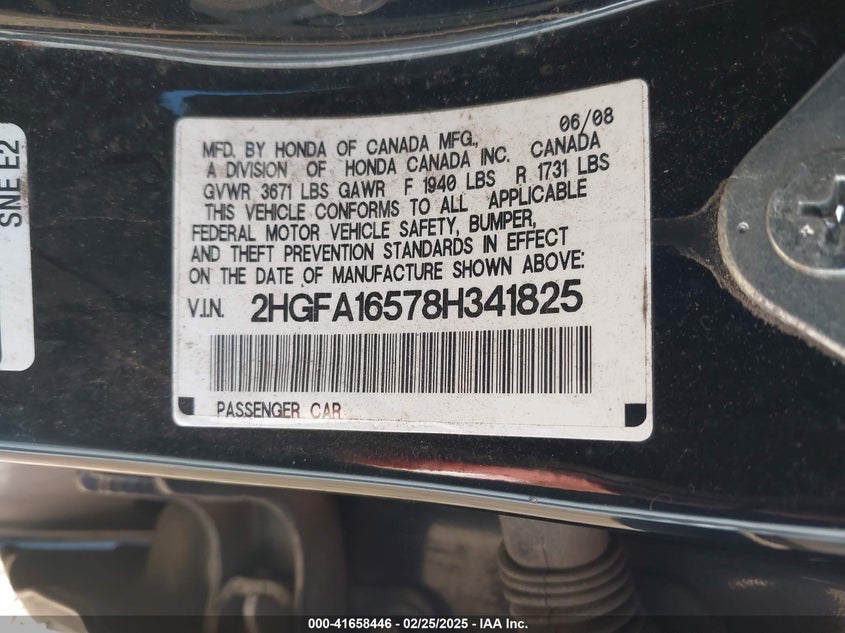 2008 Honda Civic Lx VIN: 2HGFA16578H341825 Lot: 41658446