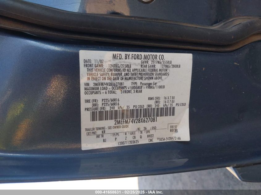 2008 Mercury Grand Marquis Gs VIN: 2MEFM74V28X627081 Lot: 41658631