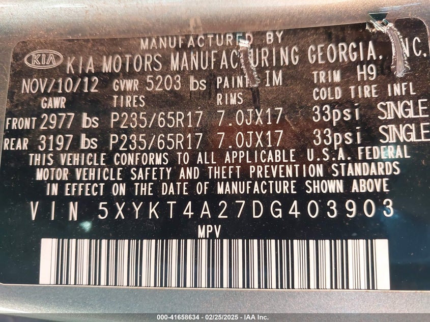 2013 KIA SORENTO VIN: 5XYKT4A27DG403903