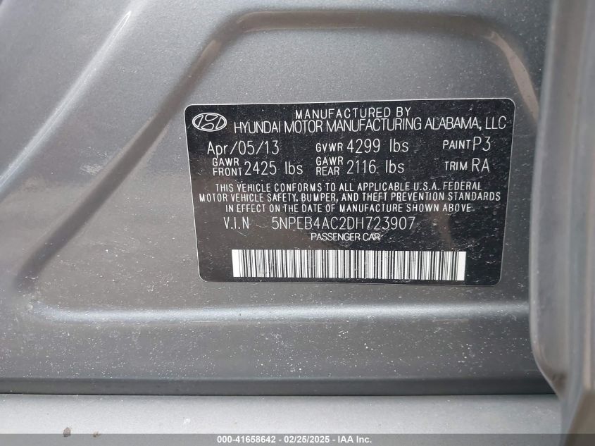 2013 Hyundai Sonata Gls VIN: 5NPEB4AC2DH723907 Lot: 41658642