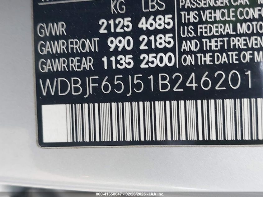 2001 Mercedes-Benz E 320 VIN: WDBJF65J51B246201 Lot: 41658647