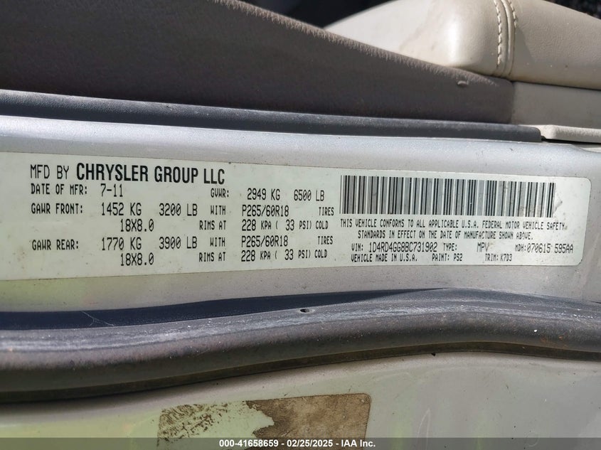 2011 DODGE DURANGO VIN: 1D4RD4GG8BC731902