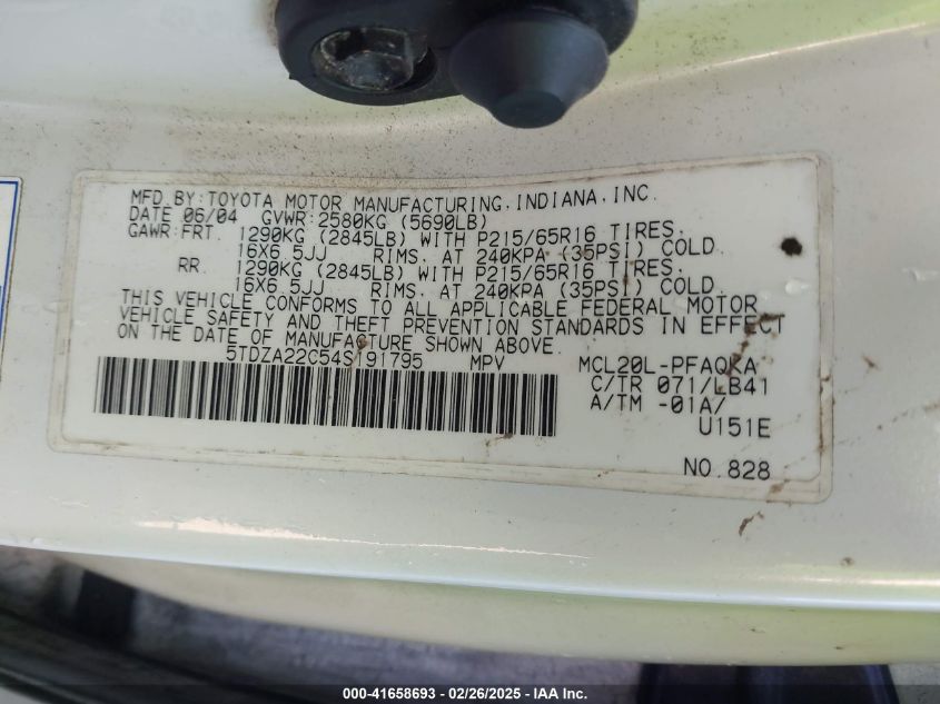 2004 Toyota Sienna Xle VIN: 5TDZA22C54S191795 Lot: 41658693