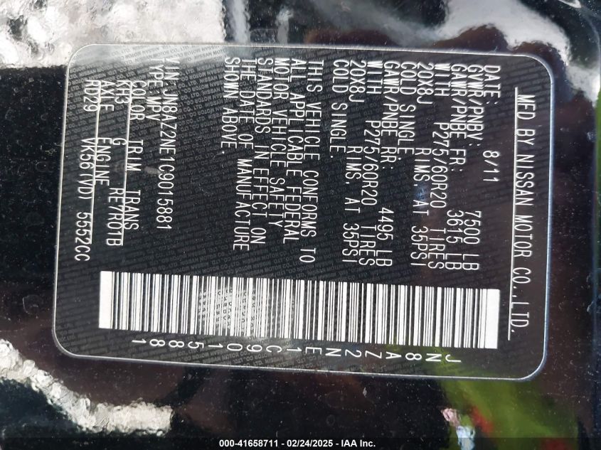 2012 Infiniti Qx56 VIN: JN8AZ2NE1C9015881 Lot: 41658711