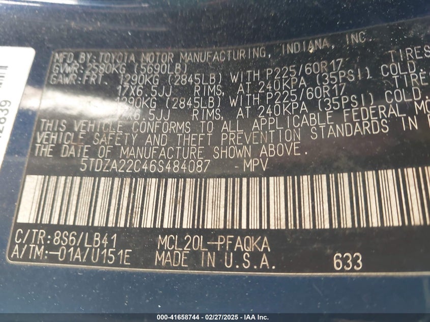 2006 TOYOTA SIENNA VIN: 5TDZA22C46S484087