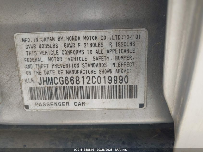 2002 Honda Accord 2.3 Ex/2.3 Se VIN: JHMCG66812C019990 Lot: 41658816
