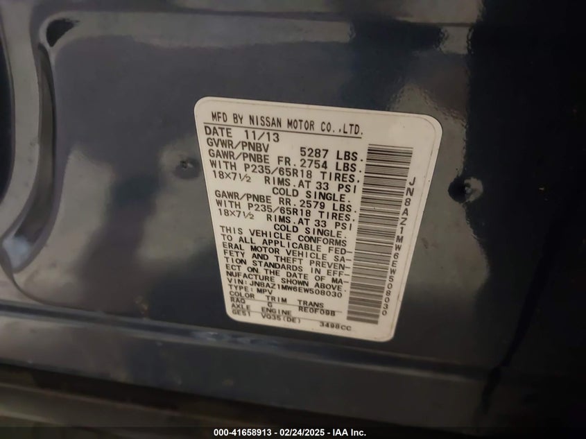 2014 NISSAN MURANO VIN: JN8AZ1MW6EW508030