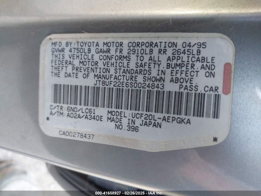 1995 Lexus Ls 400 VIN: JT8UF22E6S0024843 Lot: 41658927