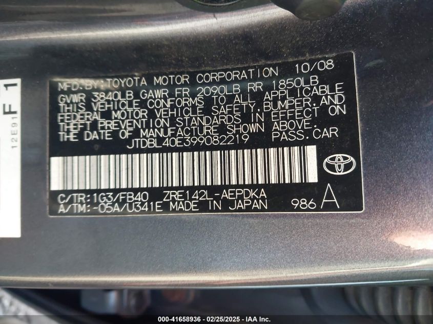 2009 Toyota Corolla Le VIN: JTDBL40E399082219 Lot: 41658936