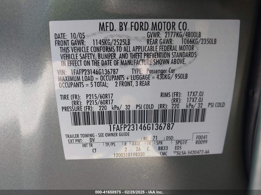 2006 FORD FIVE HUNDRED VIN: 1FAFP23146G136787