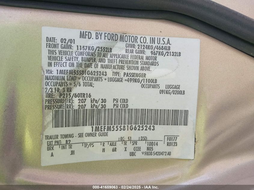 2001 Mercury Sable Ls Premium VIN: 1MEFM55S81G625243 Lot: 41659063