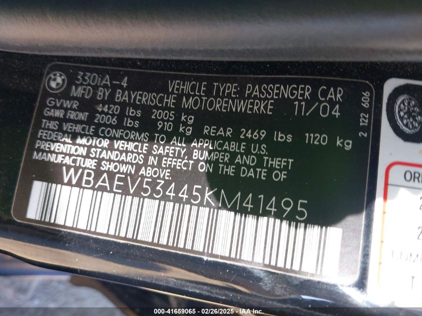 2005 BMW 330I VIN: WBAEV53445KM41495 Lot: 41659065