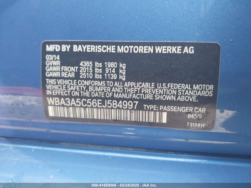 2014 BMW 328I VIN: WBA3A5C56EJ584997