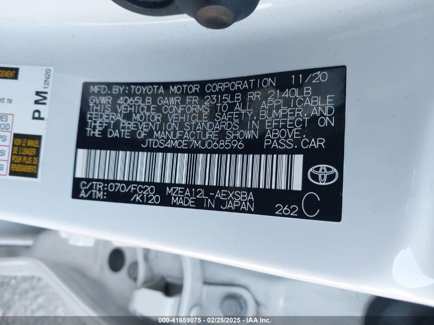 2021 Toyota Corolla Se VIN: JTDS4MCE7MJ068596 Lot: 41659075