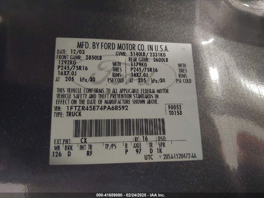 2004 Ford Ranger Edge/Tremor/Xlt VIN: 1FTZR45E74PA68592 Lot: 41659080