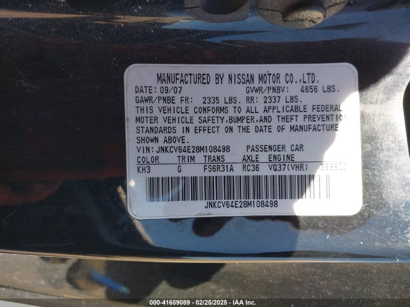 2008 Infiniti G37 Sport VIN: JNKCV64E28M108498 Lot: 41659089
