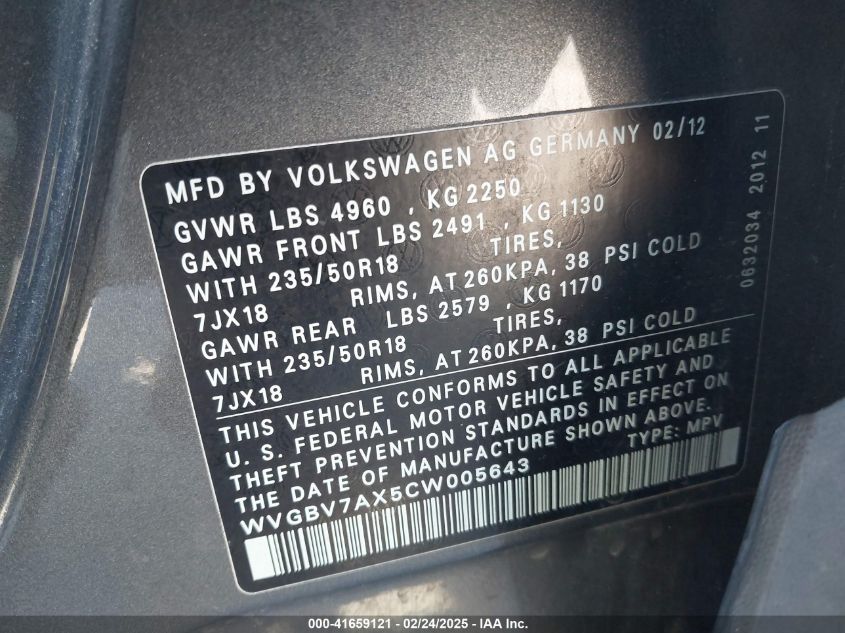 2012 Volkswagen Tiguan Se VIN: WVGBV7AX5CW005643 Lot: 41659121