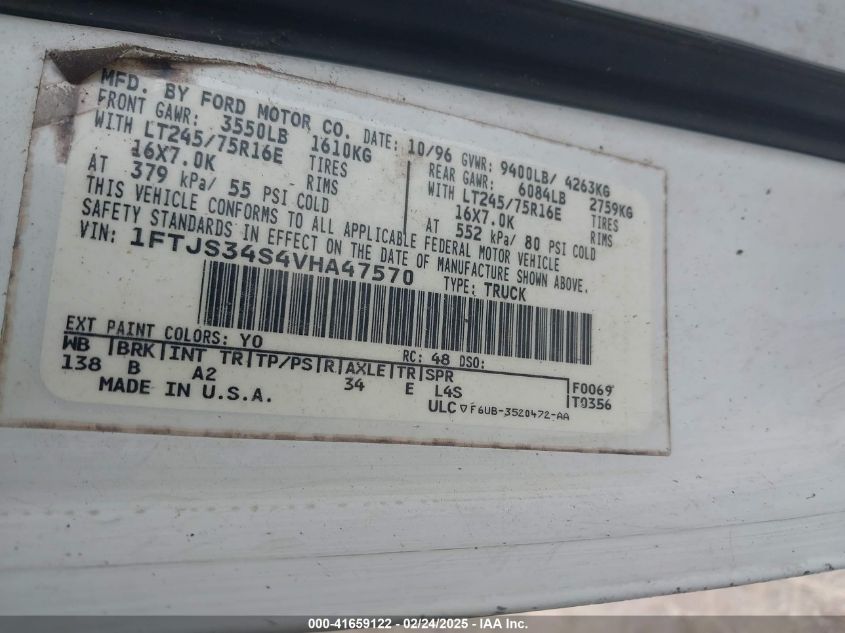 1997 Ford E-350 Standard VIN: 1FTJS34S4VHA47570 Lot: 41659122
