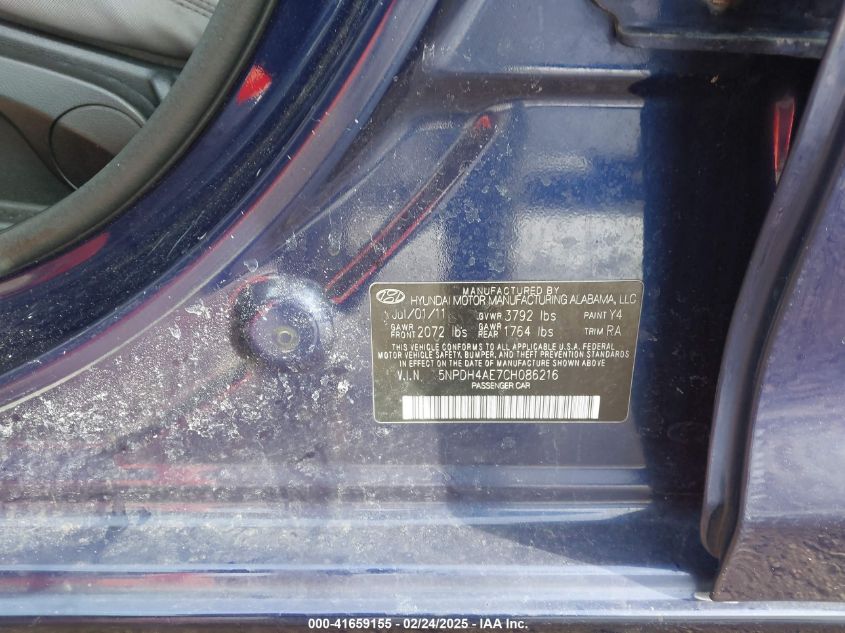 2012 Hyundai Elantra Gls VIN: 5NPDH4AE7CH086216 Lot: 41659155