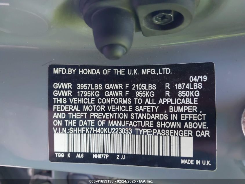 2019 Honda Civic Sport VIN: SHHFK7H40KU223033 Lot: 41659198